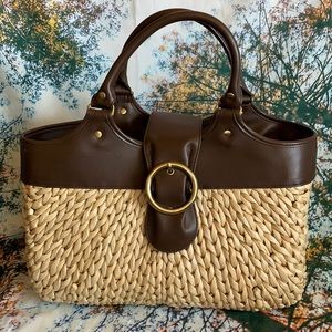 Woven Wicker Purse with Brown Leather trim